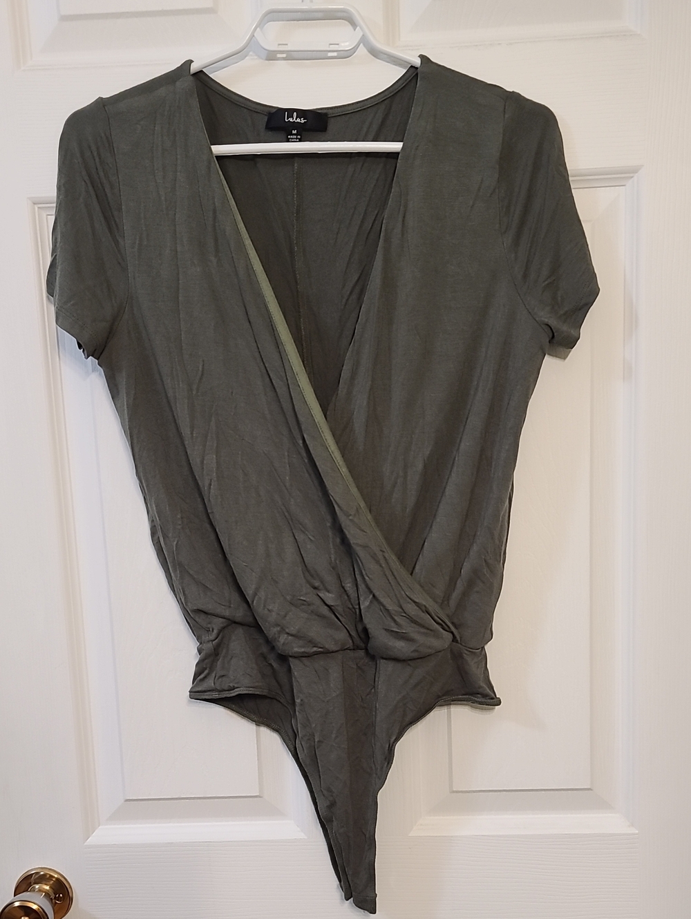Lulus Olive Green Wrap-Front Short-Sleeve Bodysuit